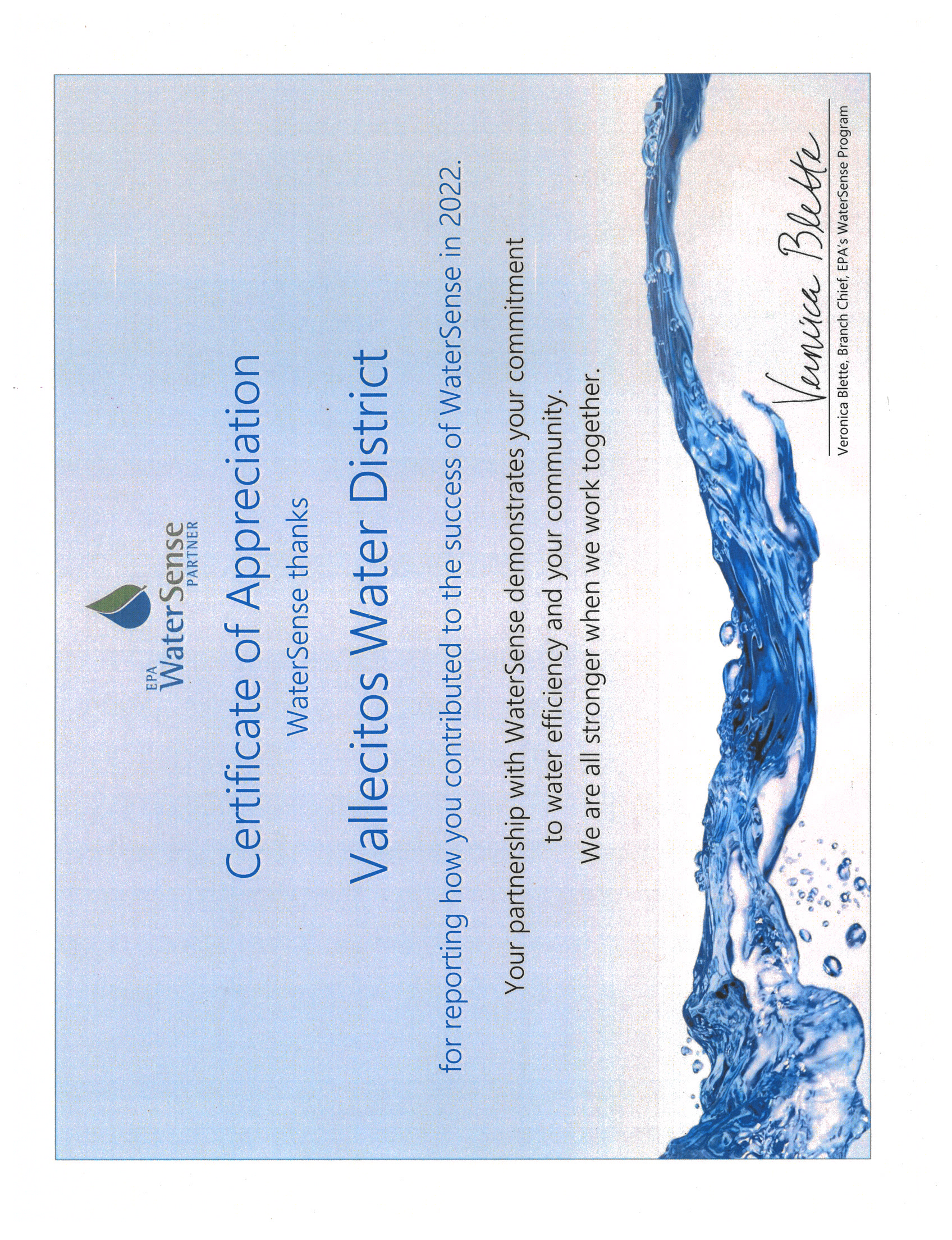 EPA Water sense partner certificate 2022